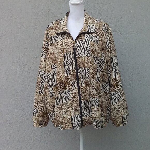 Koret Sport Jacket Women's 20W Black Brown Khaki Animal Print Zipper Grannycore - Picture 5 of 7